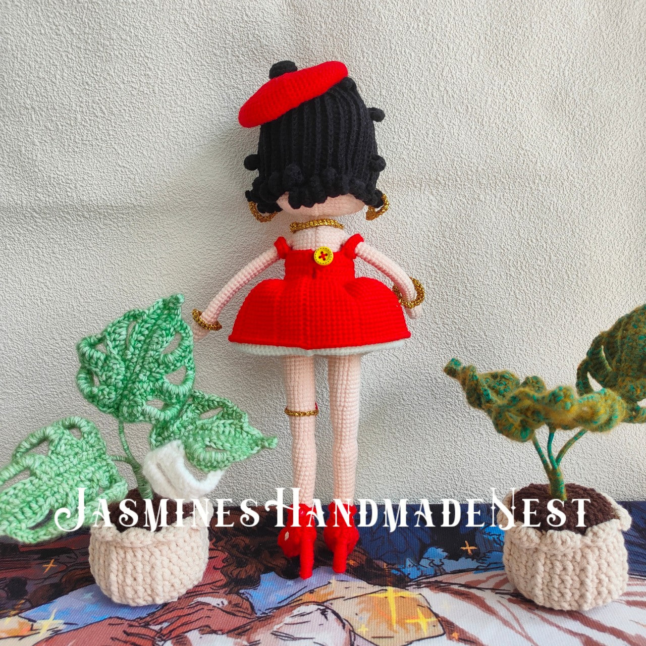 Handmade Crochet Girl Doll – Cute Red Dress Plush Toy – Amigurumi Gift for Kids or Collectors – Soft and Cuddly Room or Nursery Decor