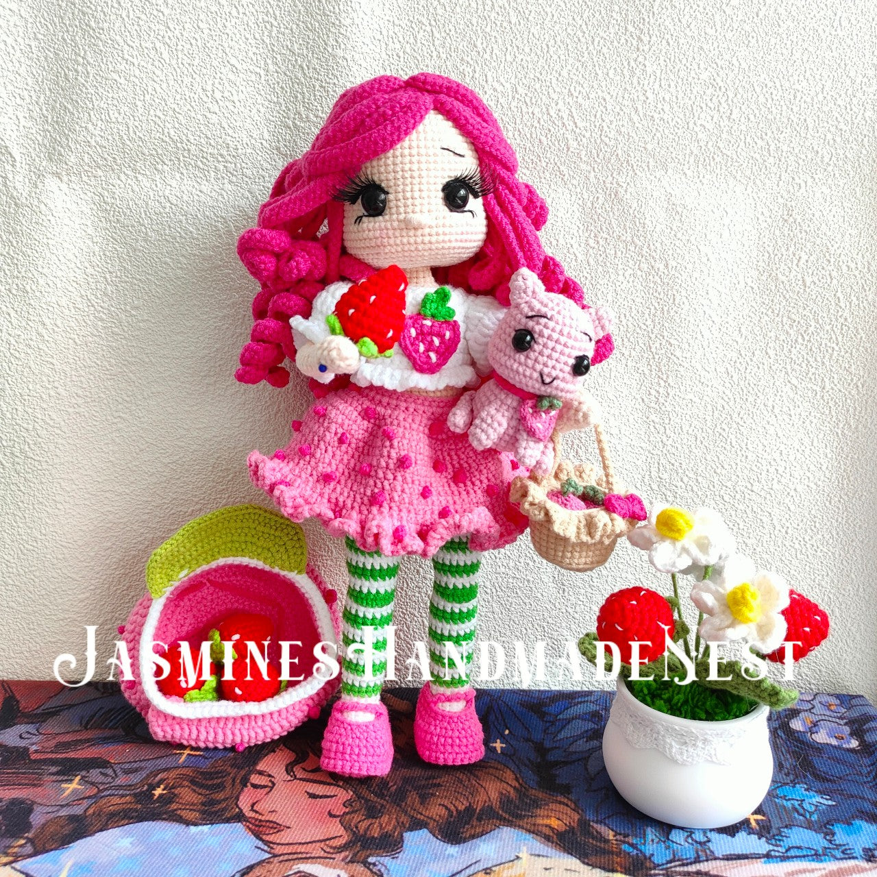 Crocheted Pink Strawberry Girl Doll | 3D Strawberry Skirt + Curly Hair Design | Poseable & Huggable | Soft Cute Yarn Plush | Perfect Birthday Gift for Besties