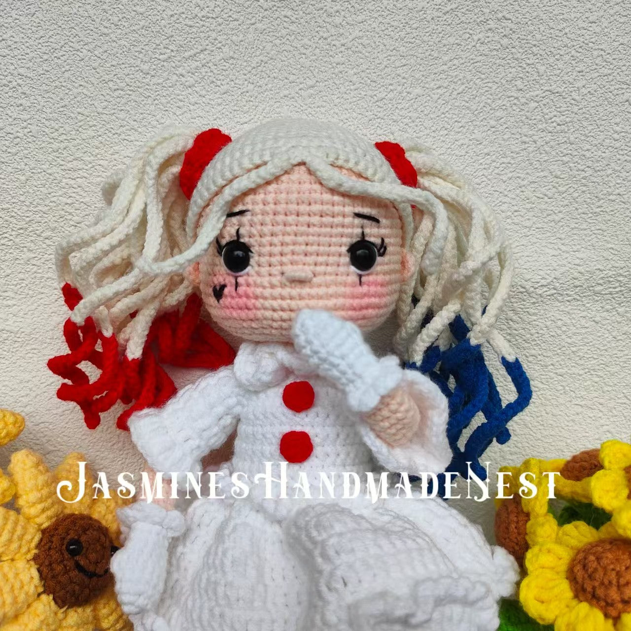 Handmade Quirky Clown Girl Doll – Crochet Plush Toy with Colorful Hair & Outfit, Unique Gift for Collectors & Fun-Loving Fans