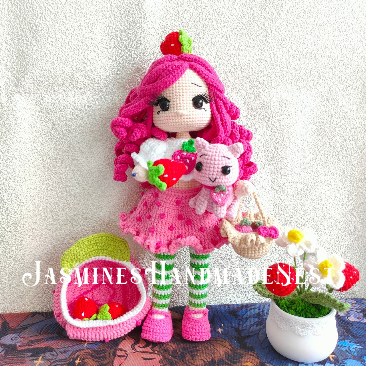 Crocheted Pink Strawberry Girl Doll | 3D Strawberry Skirt + Curly Hair Design | Poseable & Huggable | Soft Cute Yarn Plush | Perfect Birthday Gift for Besties