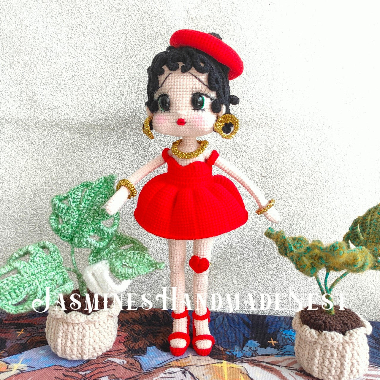 Handmade Crochet Girl Doll – Cute Red Dress Plush Toy – Amigurumi Gift for Kids or Collectors – Soft and Cuddly Room or Nursery Decor