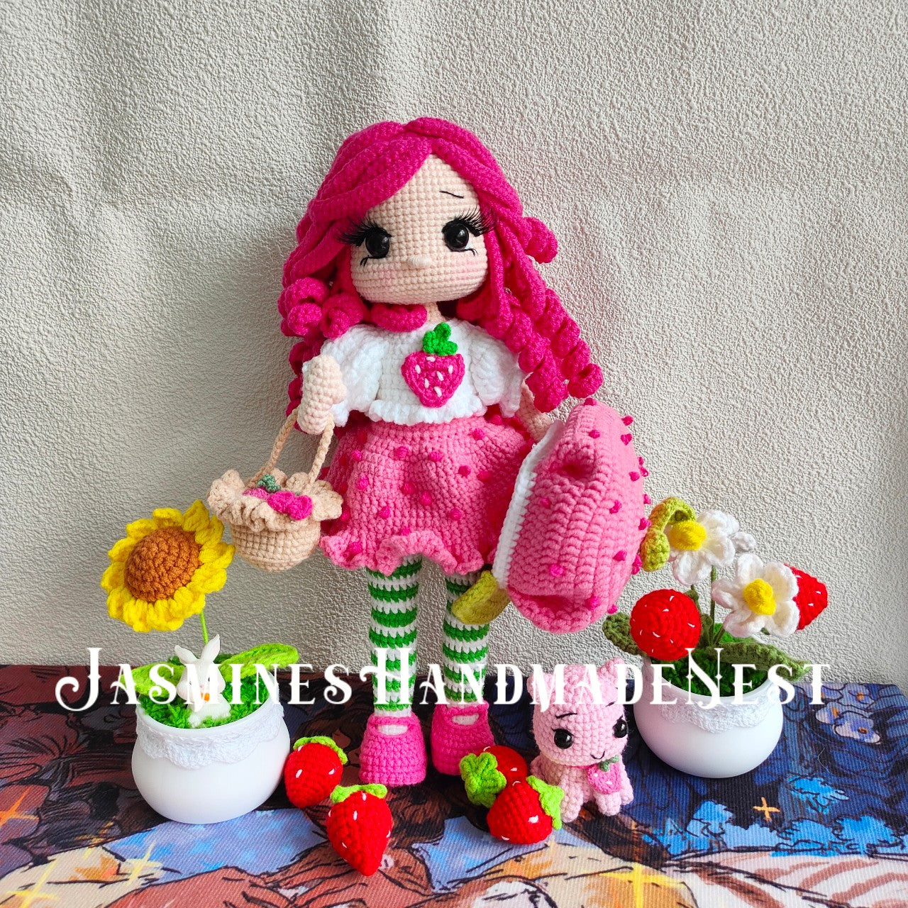 Crocheted Pink Strawberry Girl Doll | 3D Strawberry Skirt + Curly Hair Design | Poseable & Huggable | Soft Cute Yarn Plush | Perfect Birthday Gift for Besties