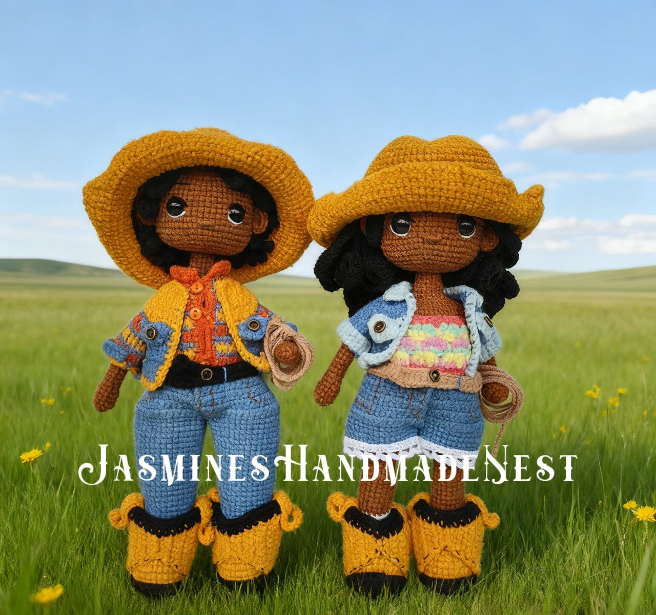 Handmade Crochet Cowboy and Cowgirl Dolls – Amigurumi Western Plush Toy Set – Soft Stuffed Doll Pair for Kids, Nursery Decor, or Collector Gift