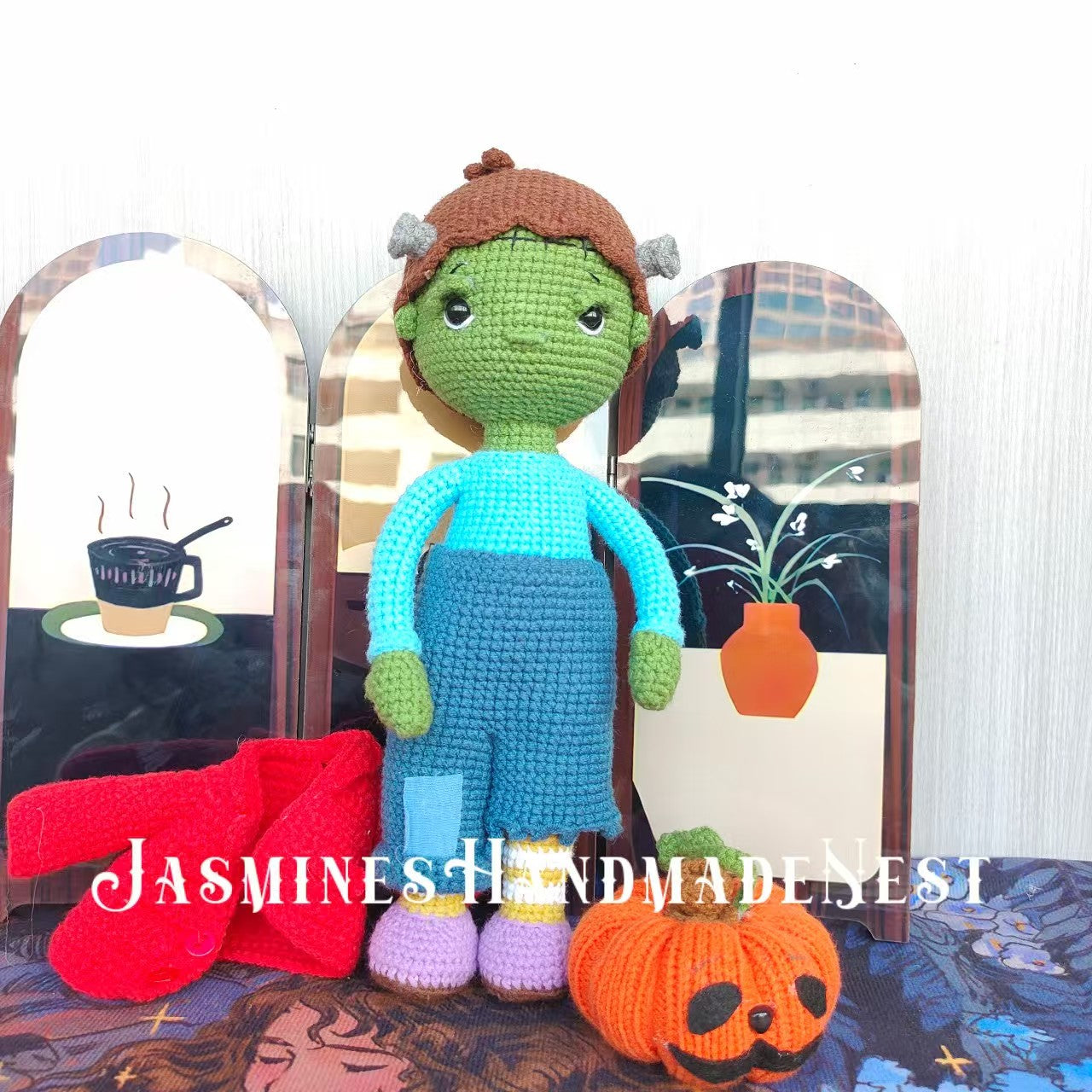 Handmade Frankenstein Doll – Classic Stitched Design with Retro Hues, Halloween Decor, Ideal Birthday Gift for Him, Dark-Chic Trendy Toy