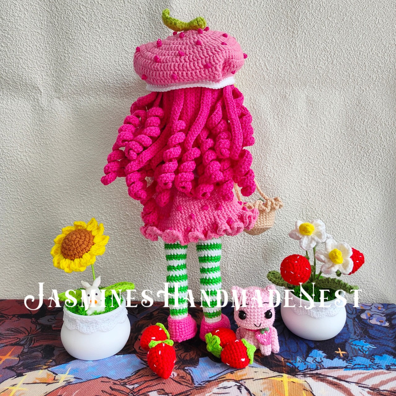 Crocheted Pink Strawberry Girl Doll | 3D Strawberry Skirt + Curly Hair Design | Poseable & Huggable | Soft Cute Yarn Plush | Perfect Birthday Gift for Besties