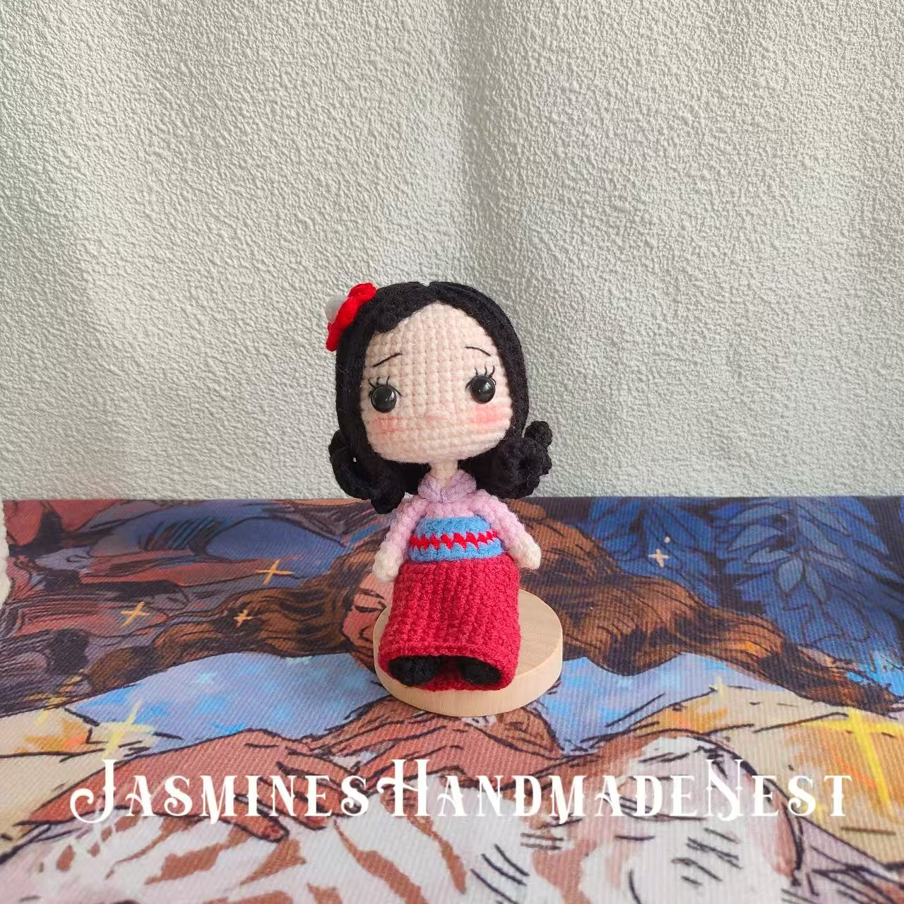 Handmade Warrior-Inspired Crochet Doll – Poseable Amigurumi Girl Toy with Red & Green Outfit – Unique Gift for Kids or Collectors