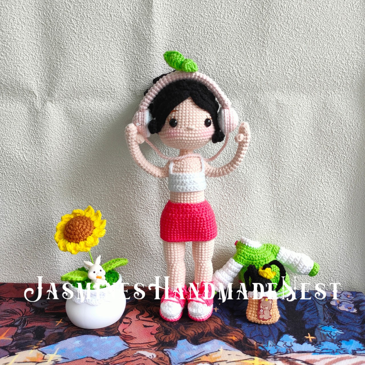 Knitted Headphone Girl Doll | Soft Cute Yarn Plush | Poseable & Huggable | Healing Decor Ornament | Perfect Gift for Music Lovers