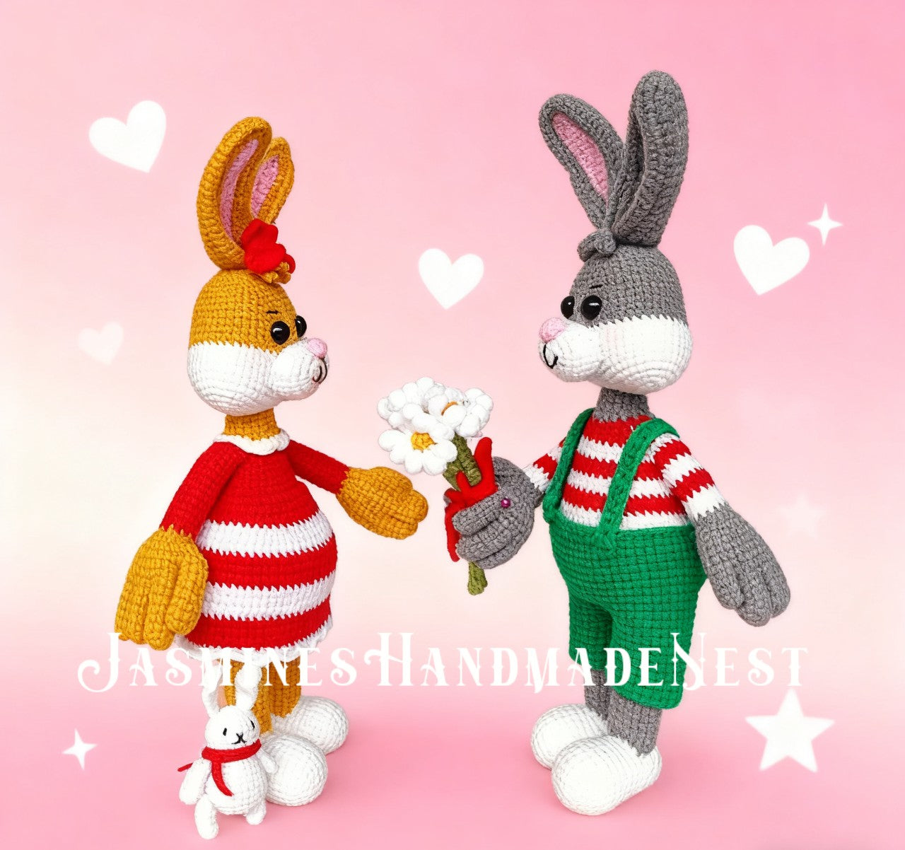 Handmade Crochet Bunny Couple – Amigurumi Rabbit Plush Dolls – Cute Stuffed Animal Gift for Birthday, Christmas, Easter, or Valentine’s Day