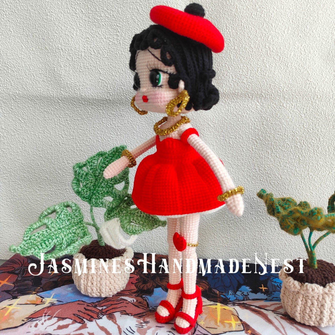 Handmade Crochet Girl Doll – Cute Red Dress Plush Toy – Amigurumi Gift for Kids or Collectors – Soft and Cuddly Room or Nursery Decor