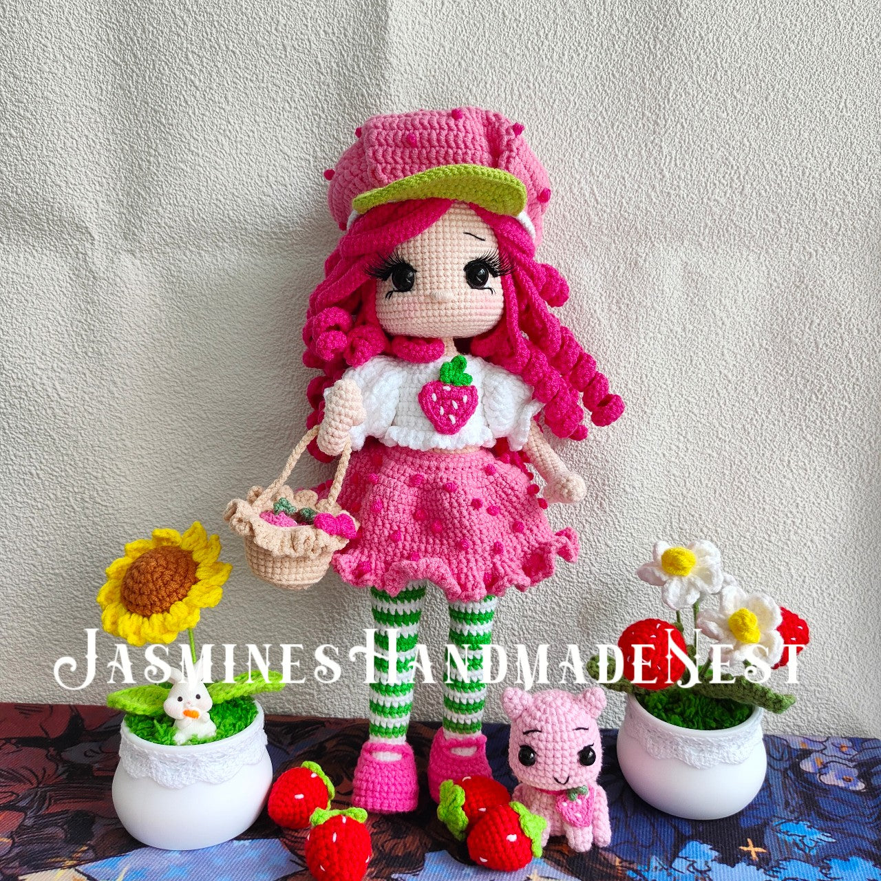 Crocheted Pink Strawberry Girl Doll | 3D Strawberry Skirt + Curly Hair Design | Poseable & Huggable | Soft Cute Yarn Plush | Perfect Birthday Gift for Besties