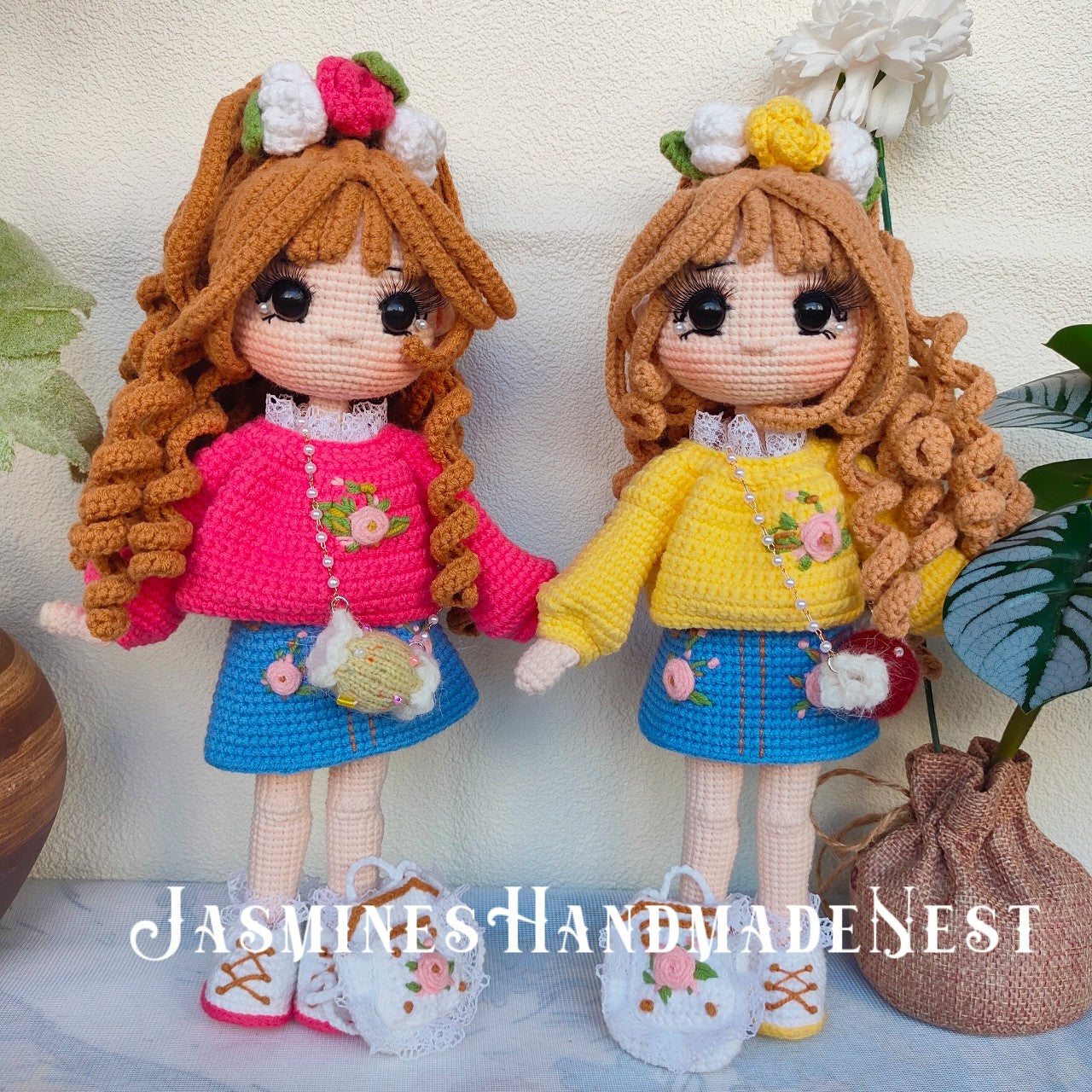 Handmade Crochet Twin Girl Dolls – Soft Amigurumi Plush Toys, Matching Knitted Dolls with Dresses, Cute Collectible Gift Set, Perfect for Kids, and Doll Lovers