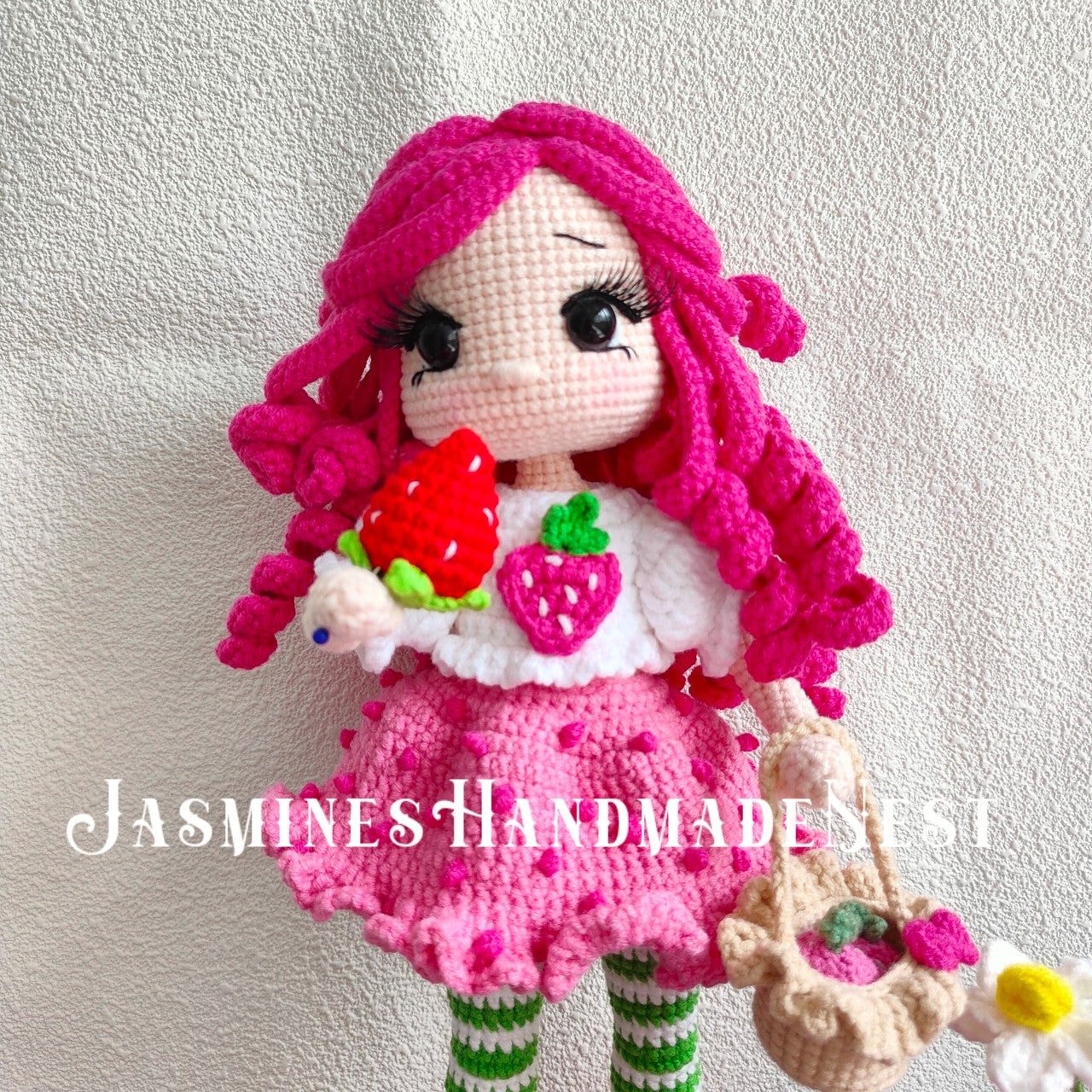 Crocheted Pink Strawberry Girl Doll | 3D Strawberry Skirt + Curly Hair Design | Poseable & Huggable | Soft Cute Yarn Plush | Perfect Birthday Gift for Besties