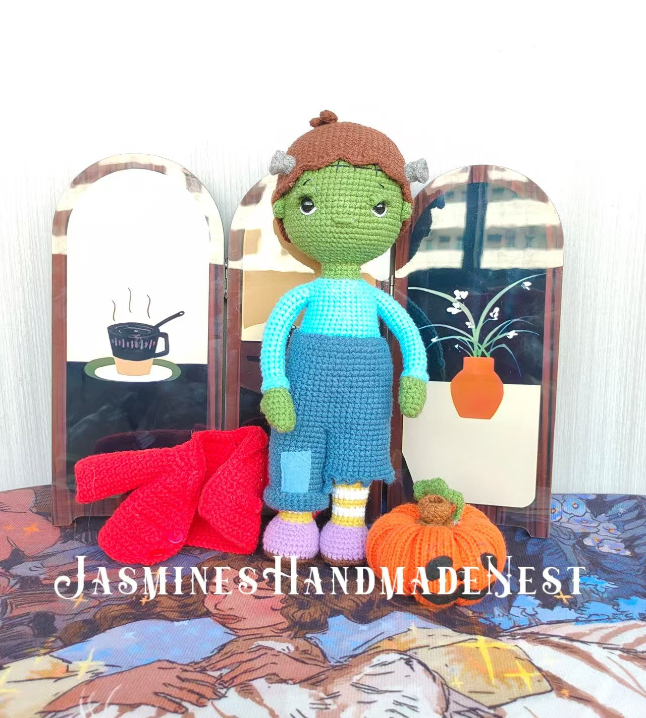 Handmade Frankenstein Doll – Classic Stitched Design with Retro Hues, Halloween Decor, Ideal Birthday Gift for Him, Dark-Chic Trendy Toy