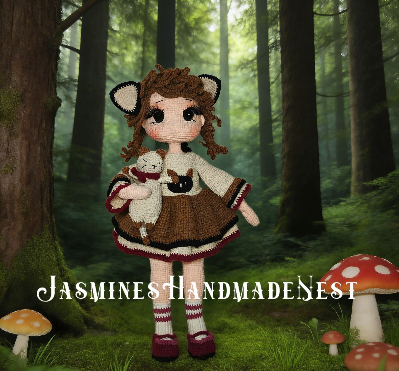 Handmade Crochet Doll Set - Cow & Cat Amigurumi Dolls with Plush Pets, Custom Stuffed Art Doll Gift for Her