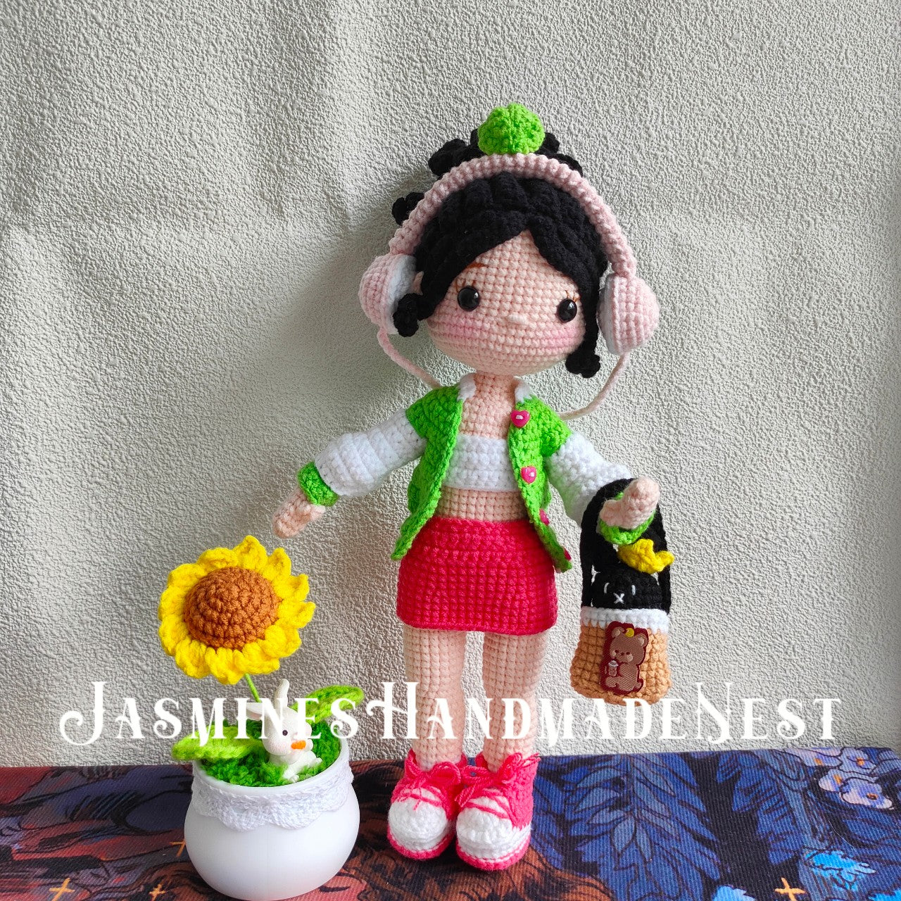 Knitted Headphone Girl Doll | Soft Cute Yarn Plush | Poseable & Huggable | Healing Decor Ornament | Perfect Gift for Music Lovers