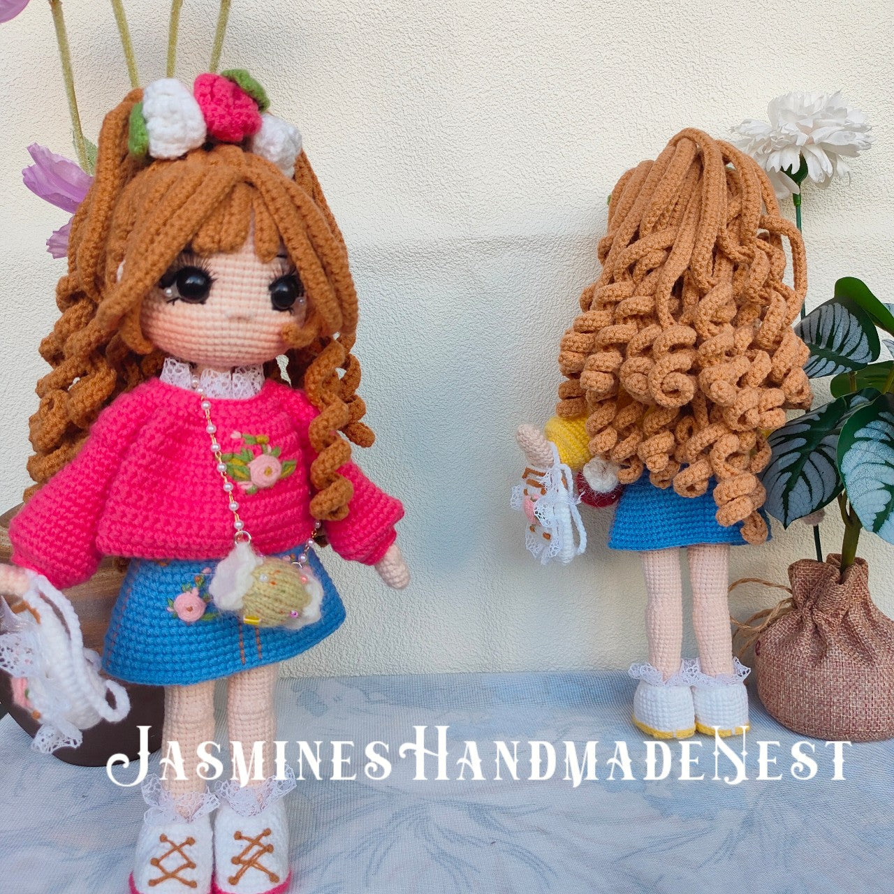 Handmade Crochet Twin Girl Dolls – Soft Amigurumi Plush Toys, Matching Knitted Dolls with Dresses, Cute Collectible Gift Set, Perfect for Kids, and Doll Lovers