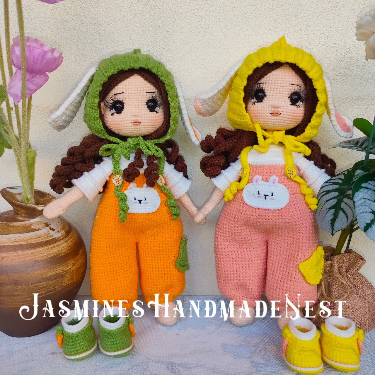 Handmade Crochet Bunny Girl Doll – Cute Amigurumi Plush Toy, Soft Knitted Rabbit Doll, Adorable Gift for Kids, Birthday Present, Nursery Decoration, Unique Collectible for Doll Lovers and Children