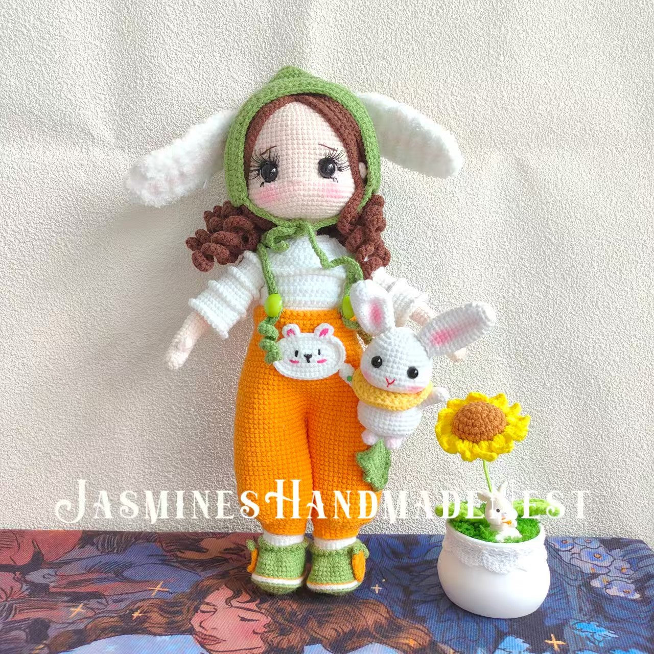 Handmade Crocheted Rabbit Girl Doll | Soft Cute Yarn Plush | Standable Ornament | Birthday Gift for Girlfriend | Healing Cute Item | Original Design, No Duplicates
