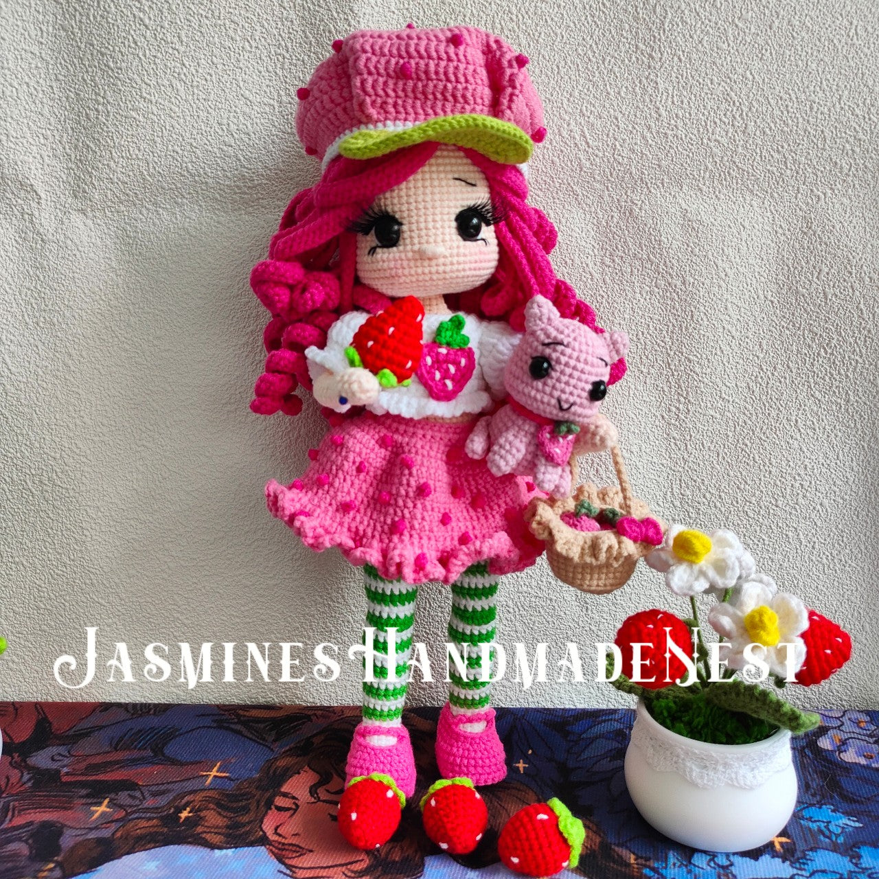 Crocheted Pink Strawberry Girl Doll | 3D Strawberry Skirt + Curly Hair Design | Poseable & Huggable | Soft Cute Yarn Plush | Perfect Birthday Gift for Besties