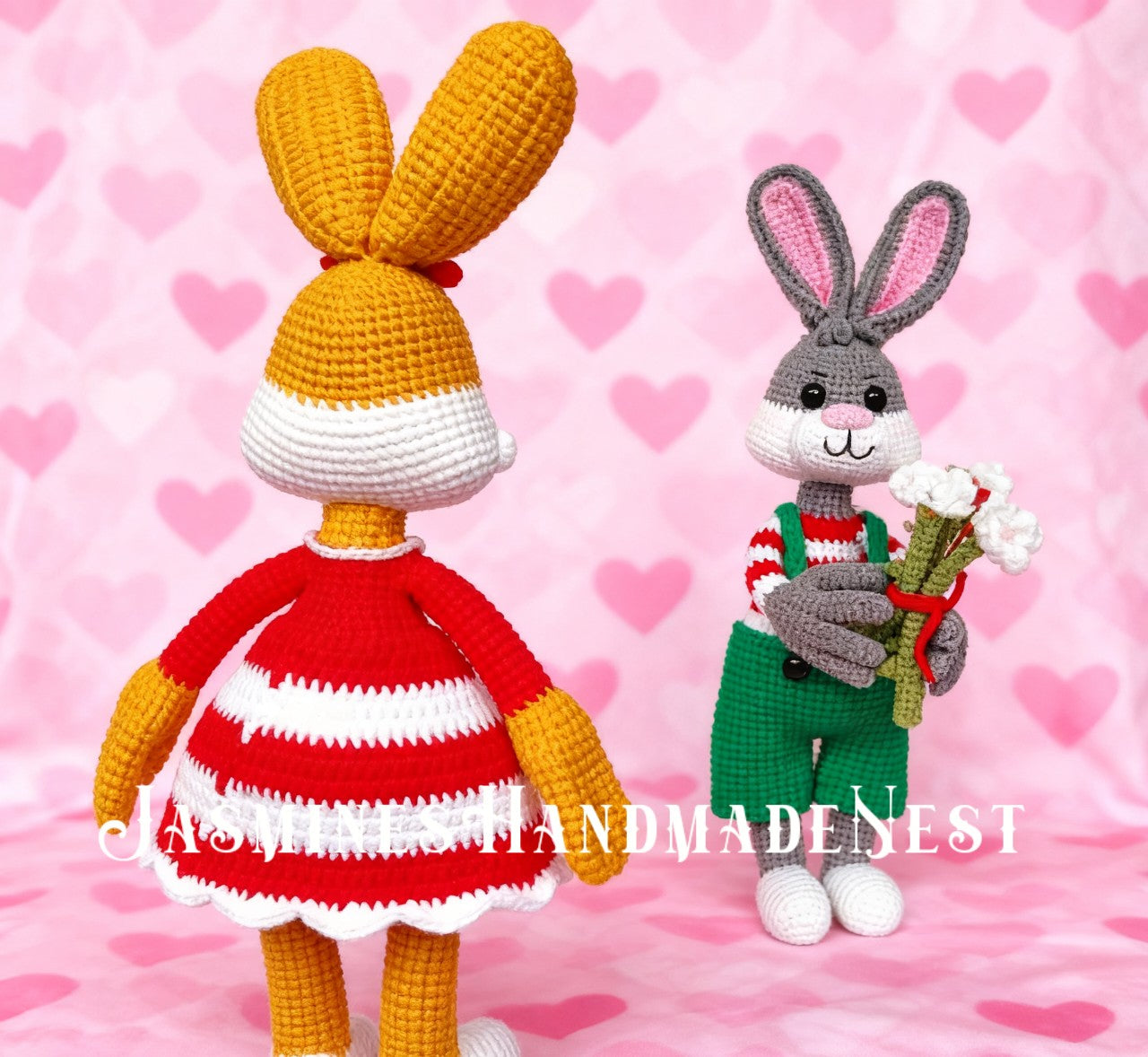 Handmade Crochet Bunny Couple – Amigurumi Rabbit Plush Dolls – Cute Stuffed Animal Gift for Birthday, Christmas, Easter, or Valentine’s Day