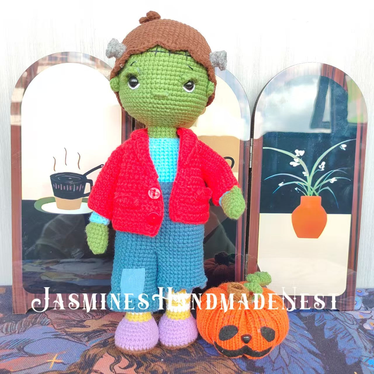 Handmade Frankenstein Doll – Classic Stitched Design with Retro Hues, Halloween Decor, Ideal Birthday Gift for Him, Dark-Chic Trendy Toy