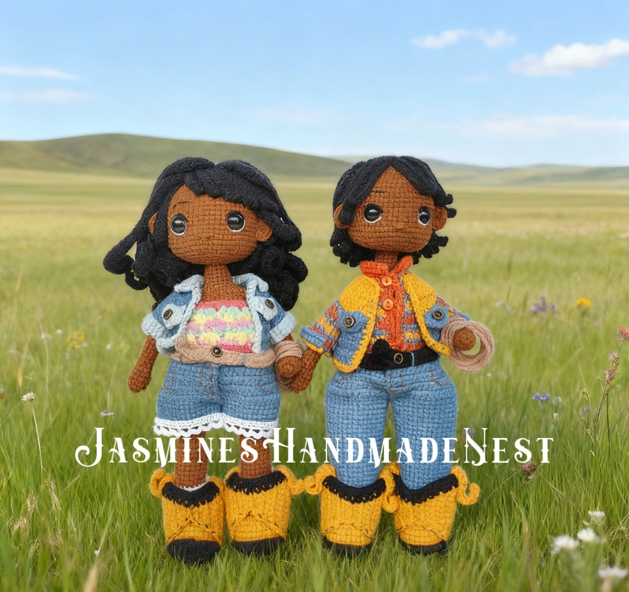 Handmade Crochet Cowboy and Cowgirl Dolls – Amigurumi Western Plush Toy Set – Soft Stuffed Doll Pair for Kids, Nursery Decor, or Collector Gift