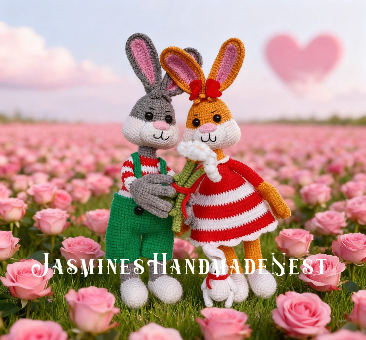 Handmade Crochet Bunny Couple – Amigurumi Rabbit Plush Dolls – Cute Stuffed Animal Gift for Birthday, Christmas, Easter, or Valentine’s Day
