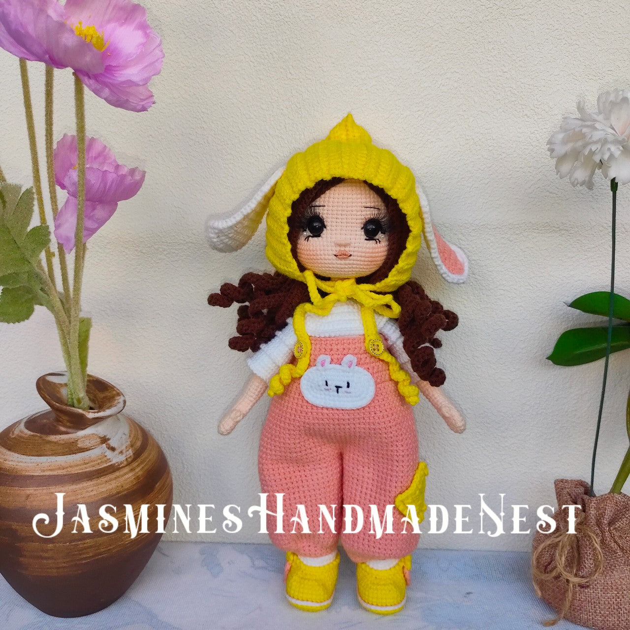 Handmade Crochet Bunny Girl Doll – Cute Amigurumi Plush Toy, Soft Knitted Rabbit Doll, Adorable Gift for Kids, Birthday Present, Nursery Decoration, Unique Collectible for Doll Lovers and Children