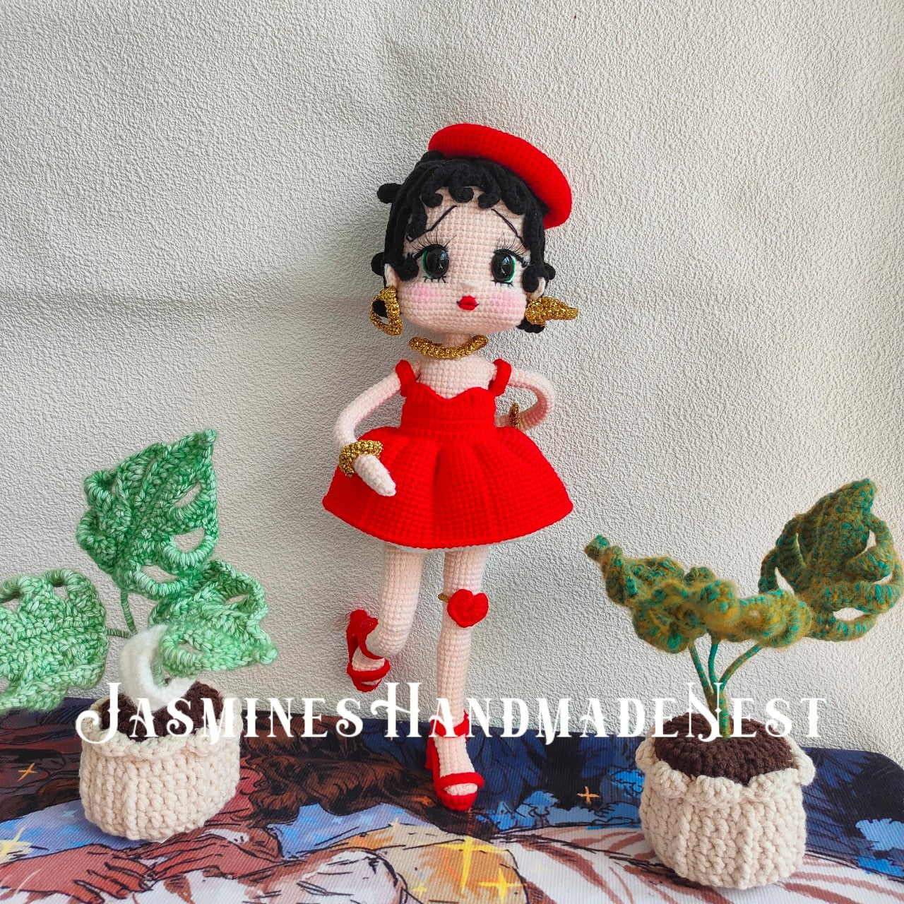 Handmade Crochet Girl Doll – Cute Red Dress Plush Toy – Amigurumi Gift for Kids or Collectors – Soft and Cuddly Room or Nursery Decor