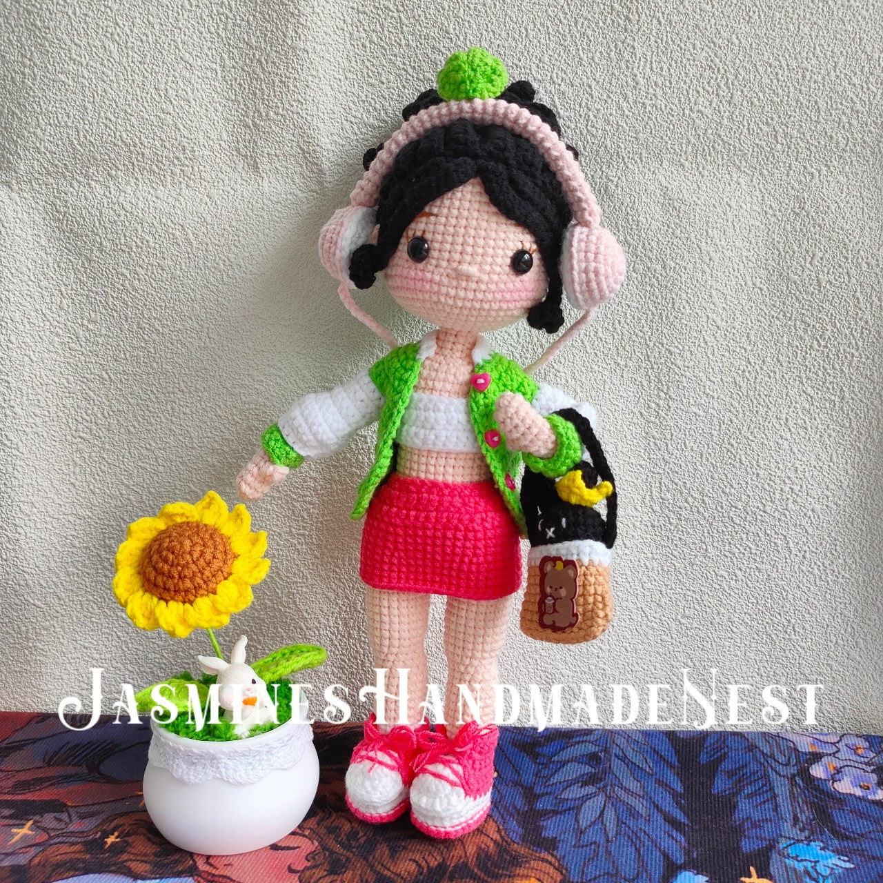 Knitted Headphone Girl Doll | Soft Cute Yarn Plush | Poseable & Huggable | Healing Decor Ornament | Perfect Gift for Music Lovers