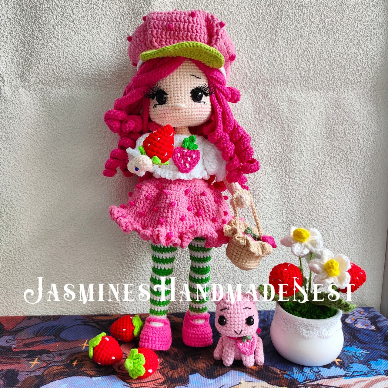 Crocheted Pink Strawberry Girl Doll | 3D Strawberry Skirt + Curly Hair Design | Poseable & Huggable | Soft Cute Yarn Plush | Perfect Birthday Gift for Besties