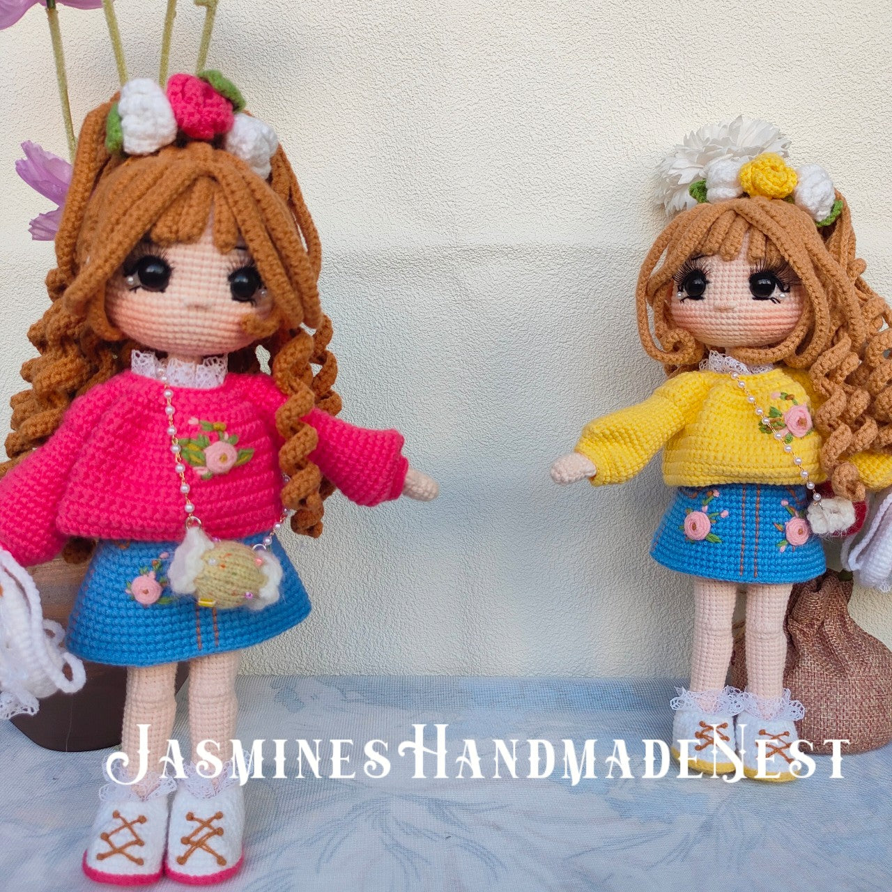 Handmade Crochet Twin Girl Dolls – Soft Amigurumi Plush Toys, Matching Knitted Dolls with Dresses, Cute Collectible Gift Set, Perfect for Kids, and Doll Lovers