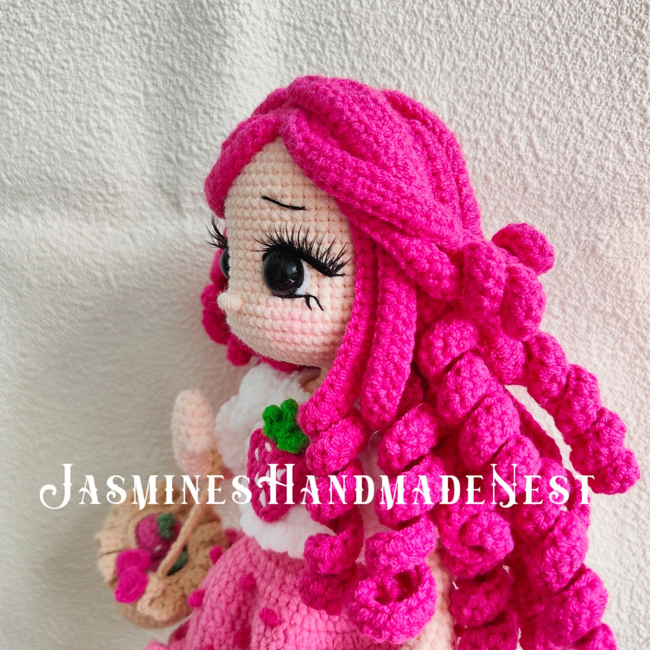 Crocheted Pink Strawberry Girl Doll | 3D Strawberry Skirt + Curly Hair Design | Poseable & Huggable | Soft Cute Yarn Plush | Perfect Birthday Gift for Besties