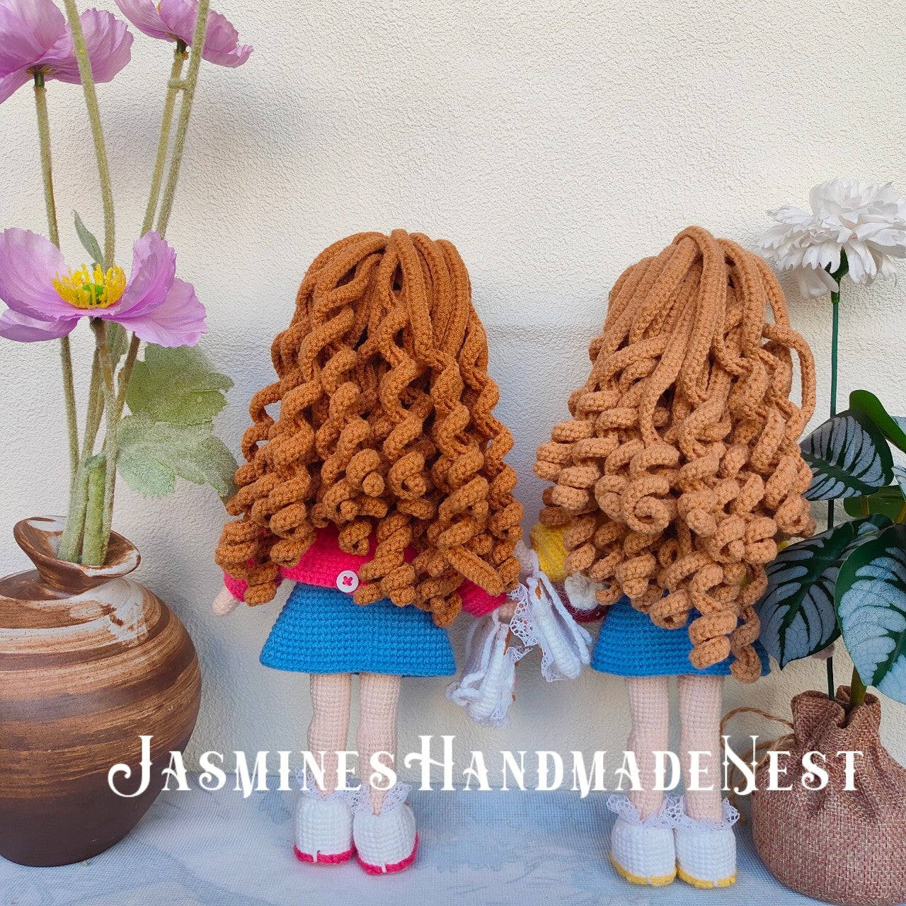 Handmade Crochet Twin Girl Dolls – Soft Amigurumi Plush Toys, Matching Knitted Dolls with Dresses, Cute Collectible Gift Set, Perfect for Kids, and Doll Lovers