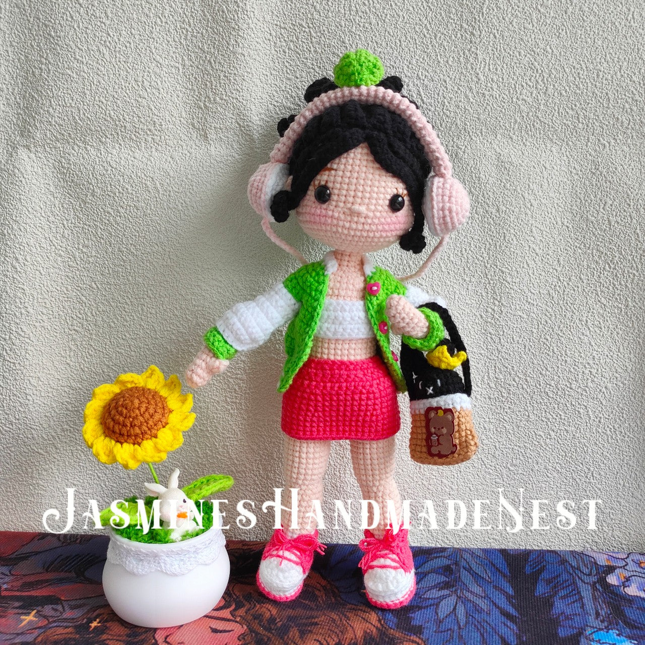 Knitted Headphone Girl Doll | Soft Cute Yarn Plush | Poseable & Huggable | Healing Decor Ornament | Perfect Gift for Music Lovers