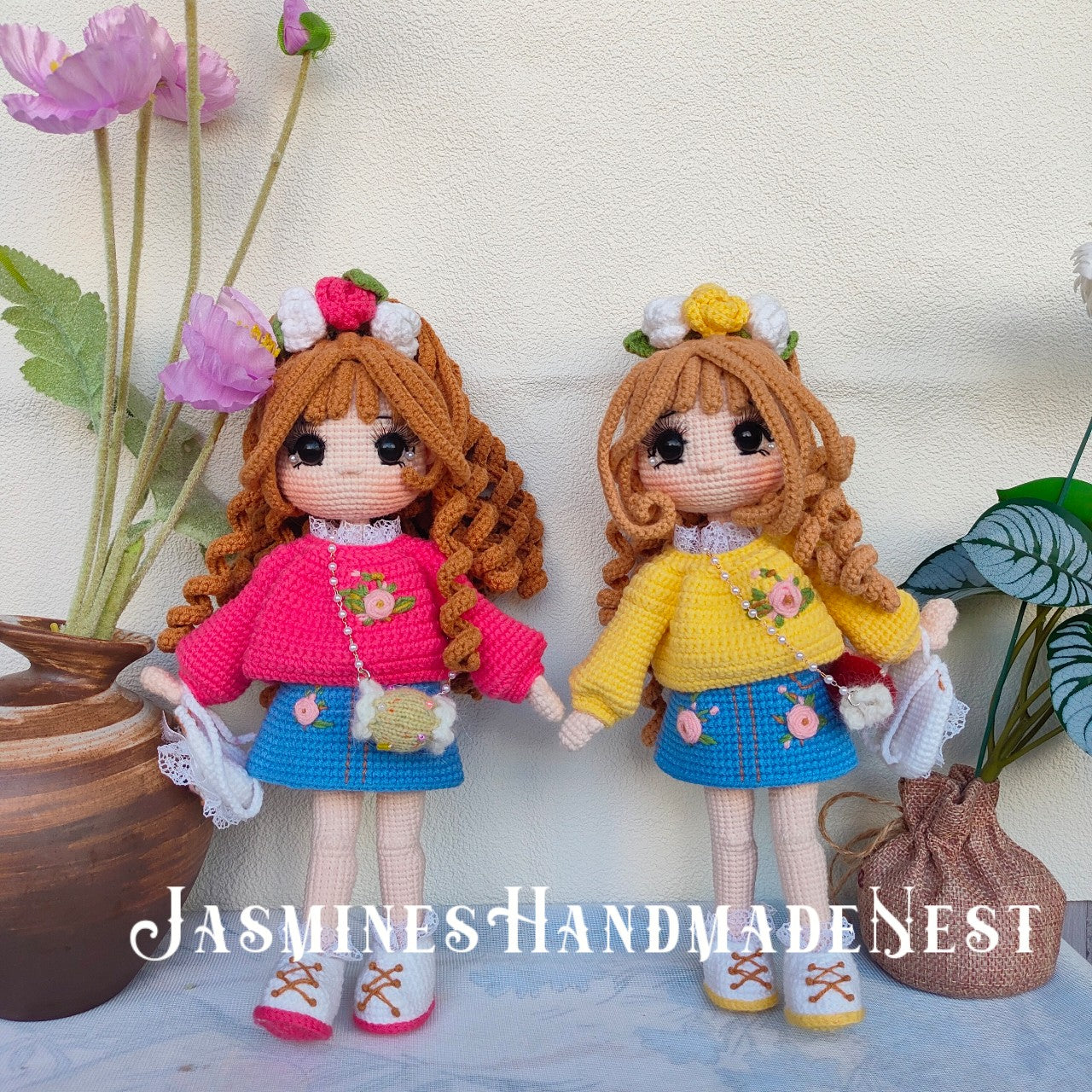 Handmade Crochet Twin Girl Dolls – Soft Amigurumi Plush Toys, Matching Knitted Dolls with Dresses, Cute Collectible Gift Set, Perfect for Kids, and Doll Lovers