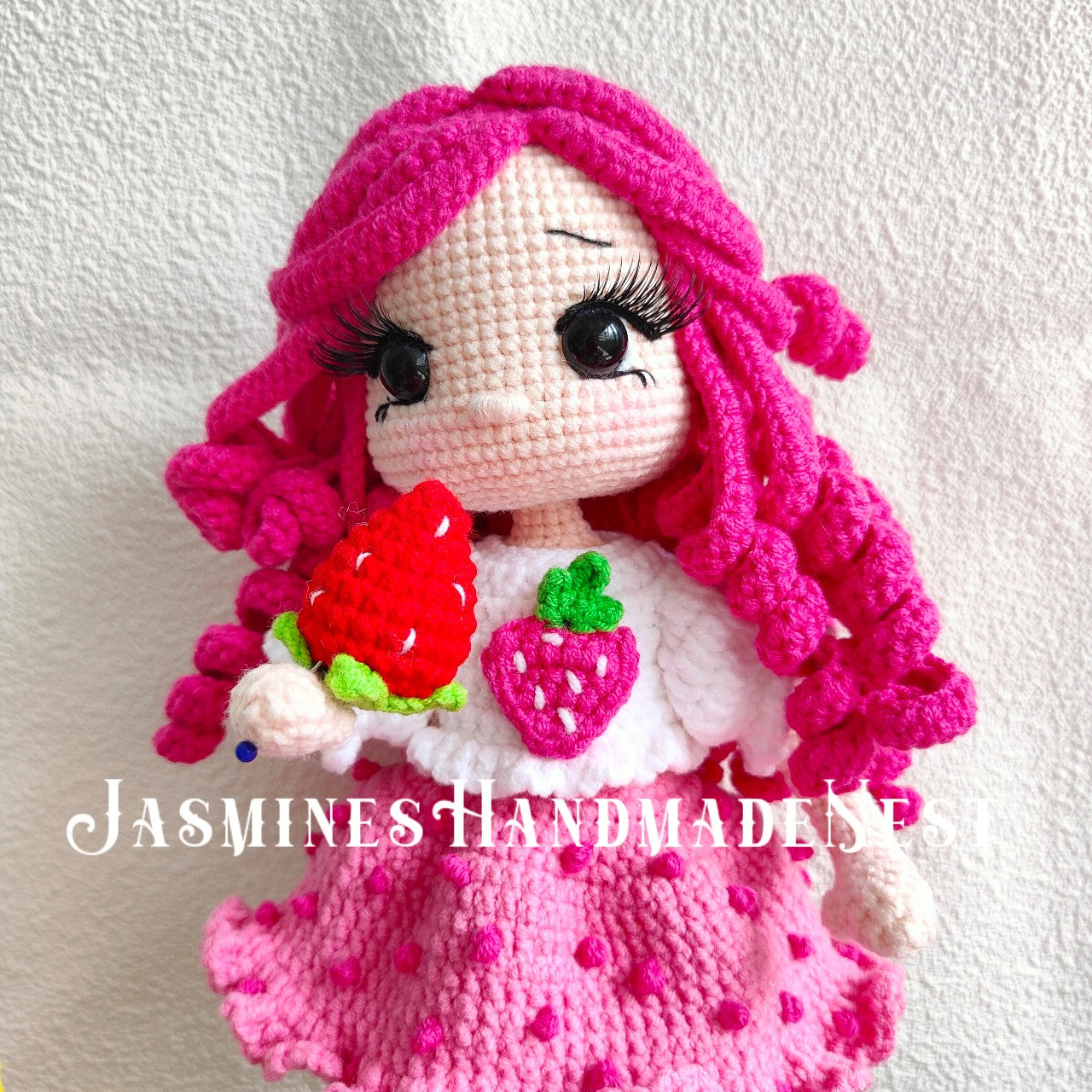 Crocheted Pink Strawberry Girl Doll | 3D Strawberry Skirt + Curly Hair Design | Poseable & Huggable | Soft Cute Yarn Plush | Perfect Birthday Gift for Besties
