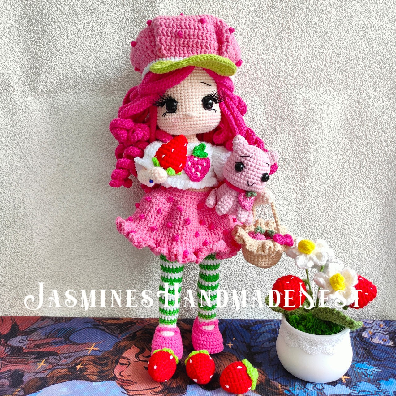 Crocheted Pink Strawberry Girl Doll | 3D Strawberry Skirt + Curly Hair Design | Poseable & Huggable | Soft Cute Yarn Plush | Perfect Birthday Gift for Besties