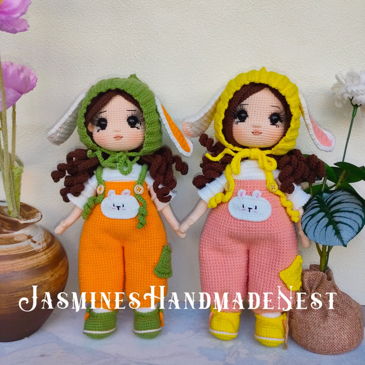 Handmade Crochet Bunny Girl Doll – Cute Amigurumi Plush Toy, Soft Knitted Rabbit Doll, Adorable Gift for Kids, Birthday Present, Nursery Decoration, Unique Collectible for Doll Lovers and Children