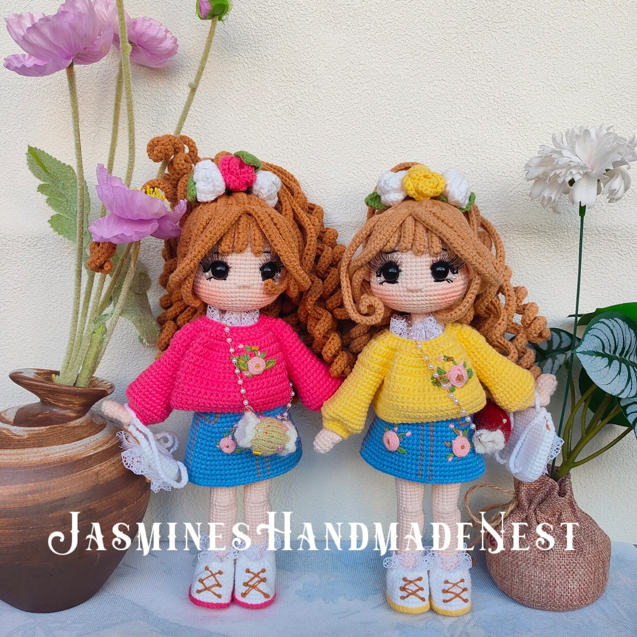 Handmade Crochet Twin Girl Dolls – Soft Amigurumi Plush Toys, Matching Knitted Dolls with Dresses, Cute Collectible Gift Set, Perfect for Kids, and Doll Lovers