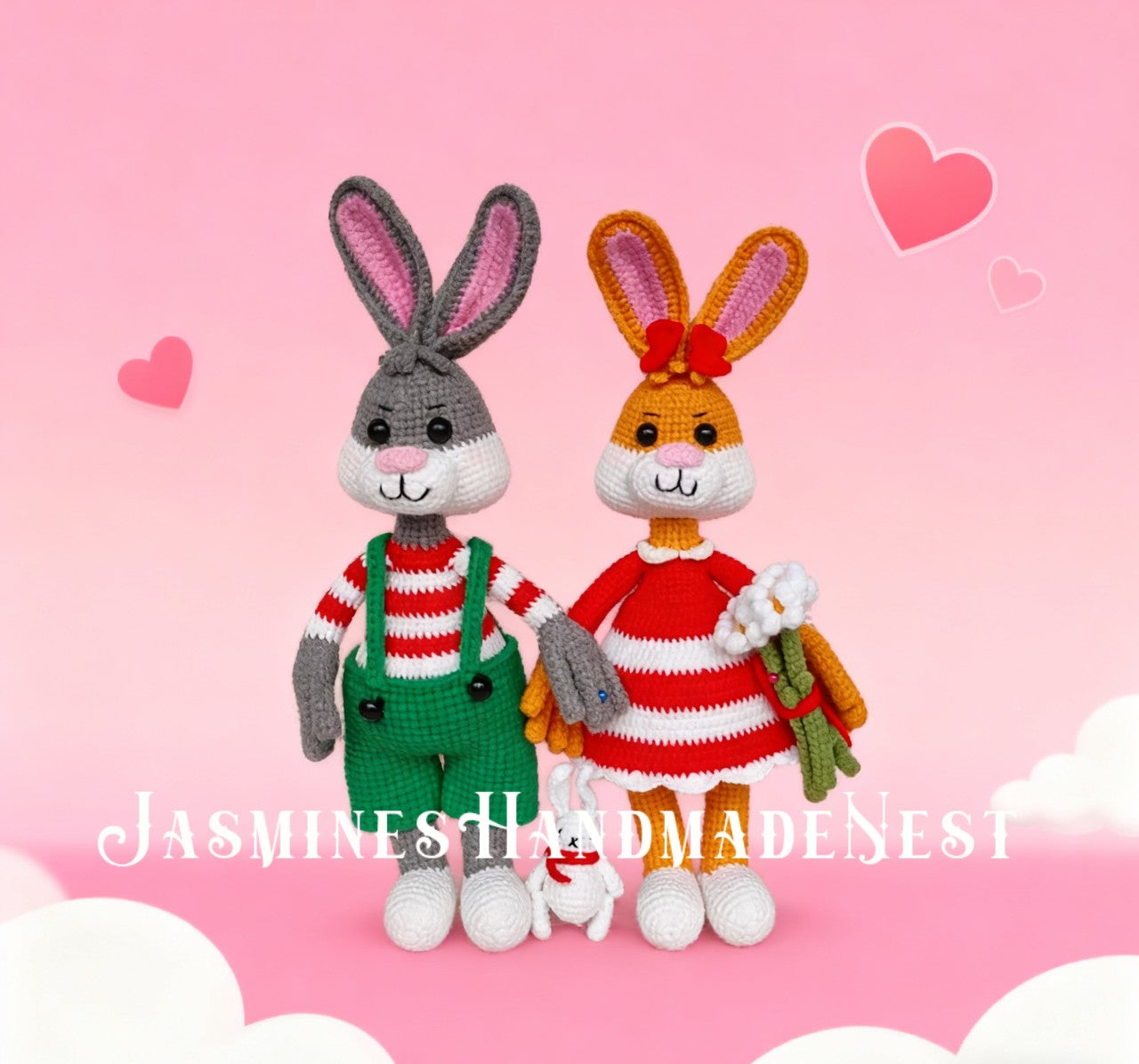 Handmade Crochet Bunny Couple – Amigurumi Rabbit Plush Dolls – Cute Stuffed Animal Gift for Birthday, Christmas, Easter, or Valentine’s Day