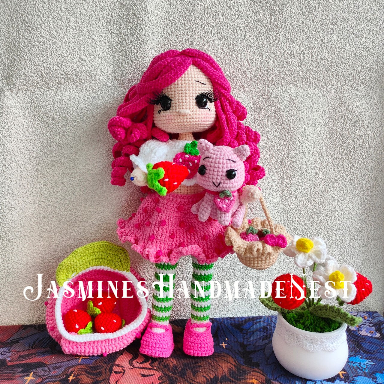Crocheted Pink Strawberry Girl Doll | 3D Strawberry Skirt + Curly Hair Design | Poseable & Huggable | Soft Cute Yarn Plush | Perfect Birthday Gift for Besties