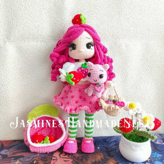 Crocheted Pink Strawberry Girl Doll | 3D Strawberry Skirt + Curly Hair Design | Poseable & Huggable | Soft Cute Yarn Plush | Perfect Birthday Gift for Besties