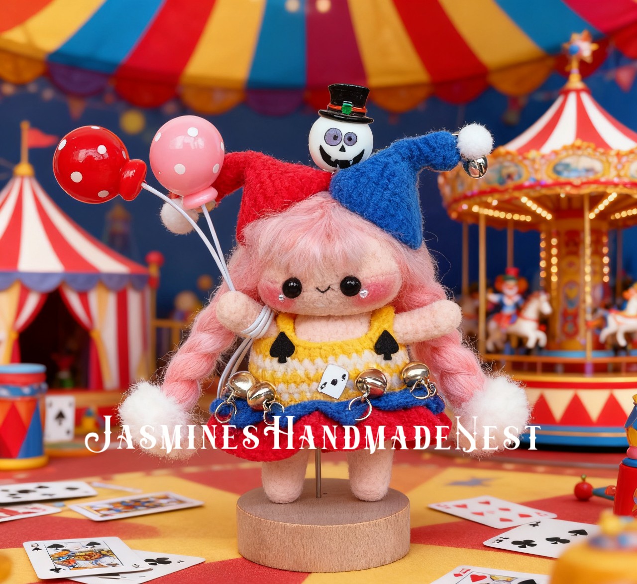 Handmade Micro Crochet Clown Girl Doll – Mini Amigurumi Circus Doll, Cute Crochet Plush Toy, Kawaii Keychain, Unique Christmas or Birthday Gift for Kids