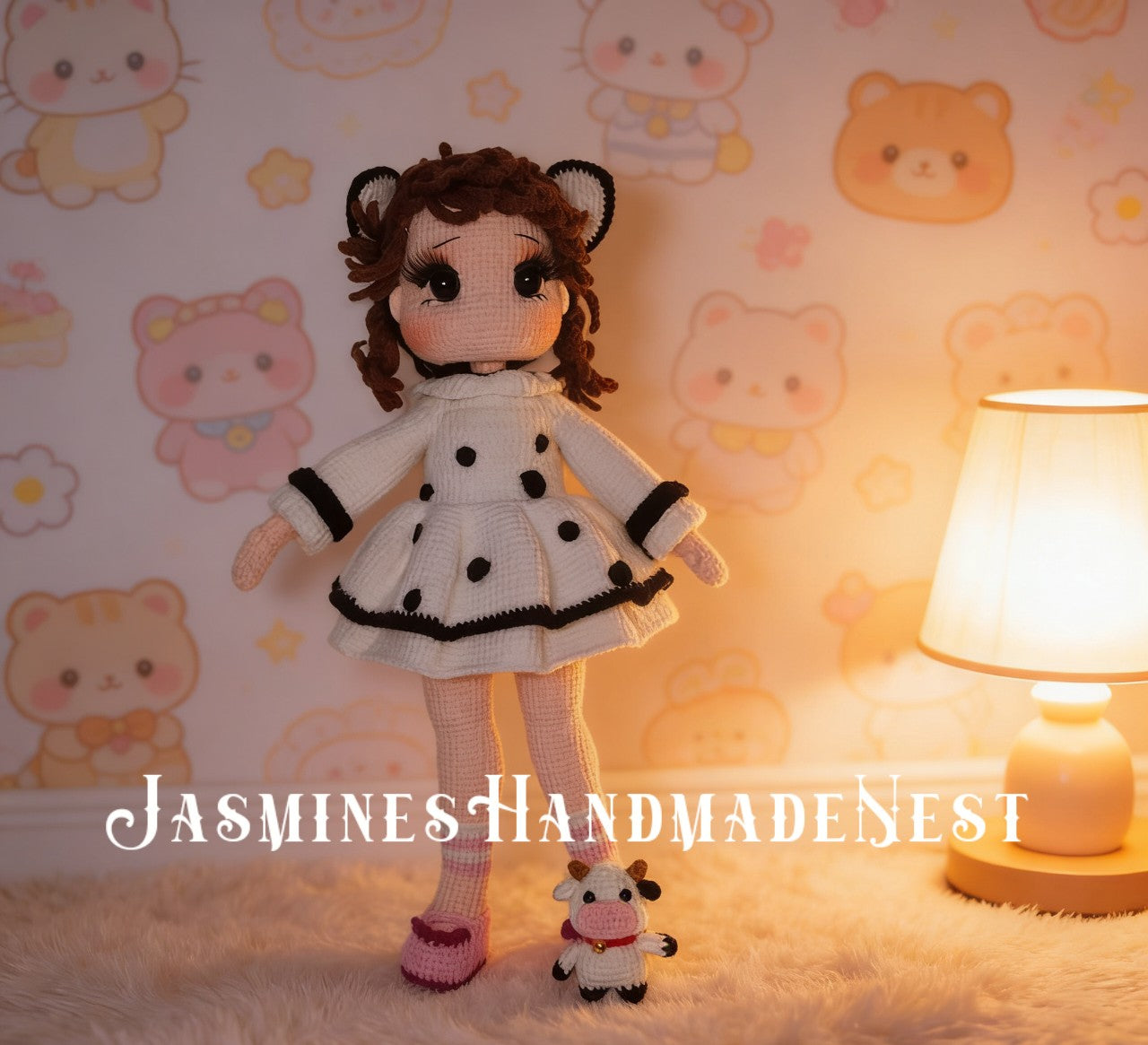 Handmade Crochet Doll Set - Cow & Cat Amigurumi Dolls with Plush Pets, Custom Stuffed Art Doll Gift for Her