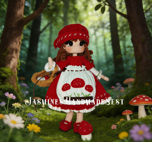 Crochet Mushroom & Cherry Girl Doll, Handmade Amigurumi Plush, Woodland Cottagecore Fairy Doll