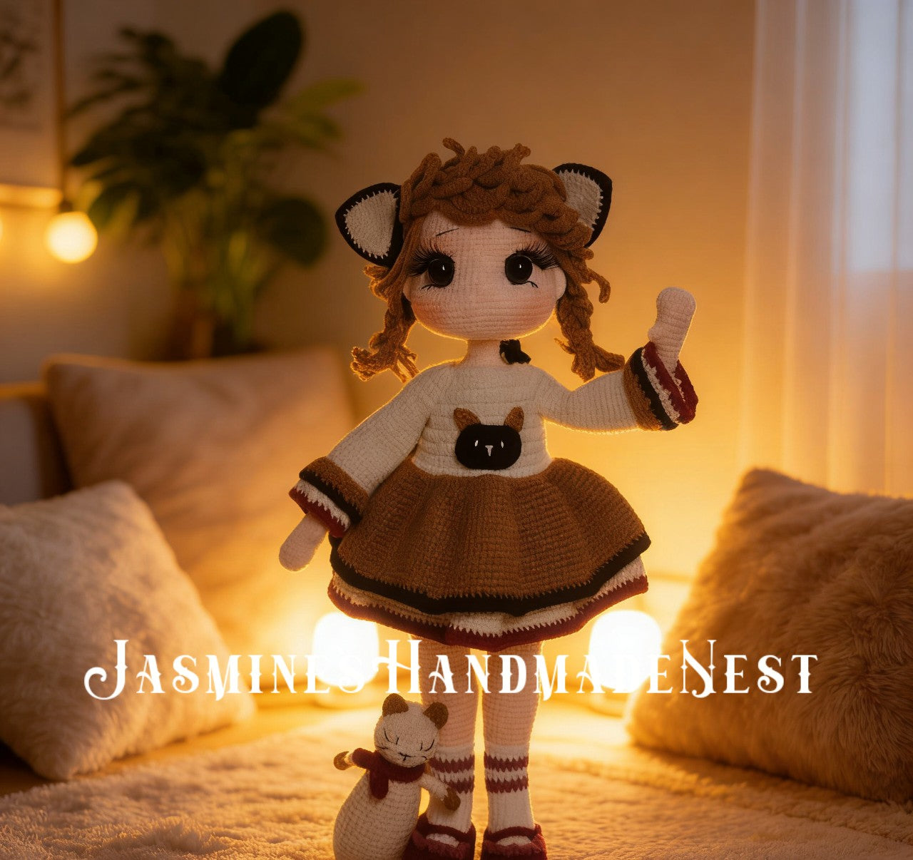 Handmade Crochet Doll Set - Cow & Cat Amigurumi Dolls with Plush Pets, Custom Stuffed Art Doll Gift for Her