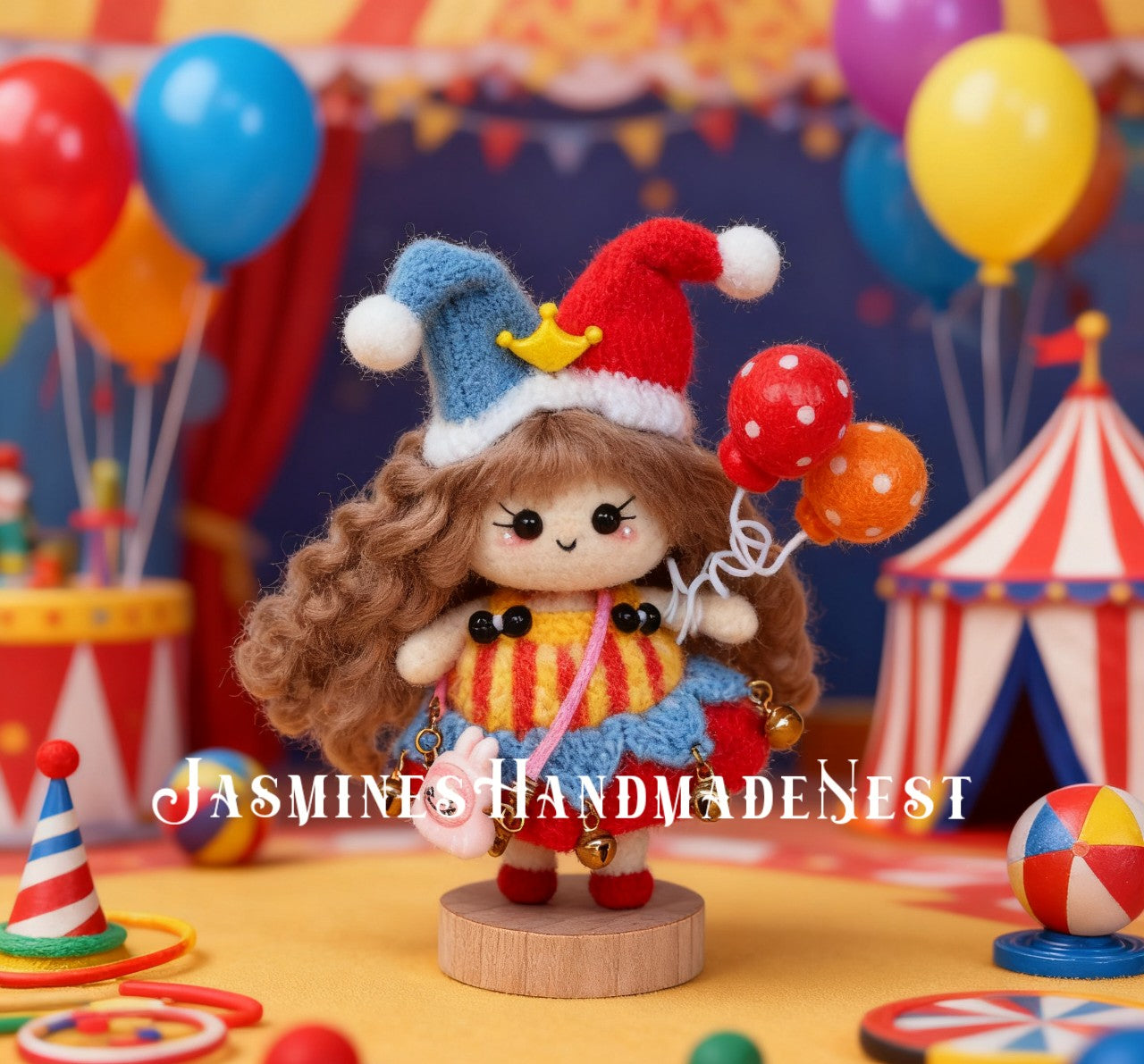 Handmade Micro Crochet Clown Girl Doll – Mini Amigurumi Circus Doll, Cute Crochet Plush Toy, Kawaii Keychain, Unique Christmas or Birthday Gift for Kids