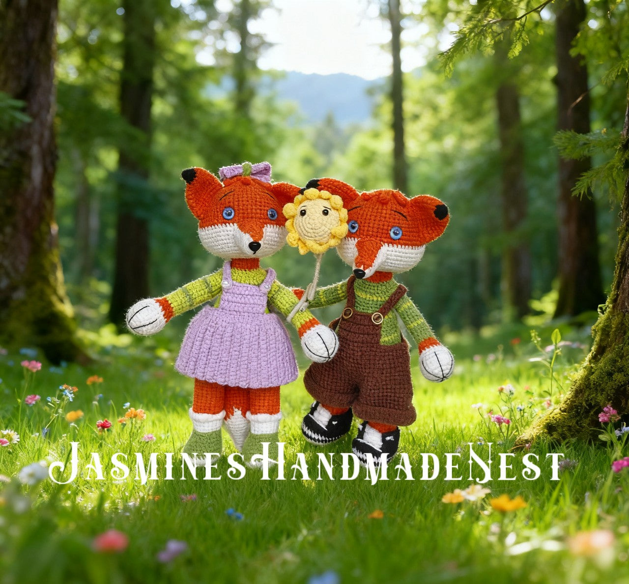 Handmade Crochet Fox Couple – Amigurumi Woodland Plush Toy Set – Cute Stuffed Fox Dolls for Kids, Nursery Decor, Birthday, Autumn or Valentine Gift