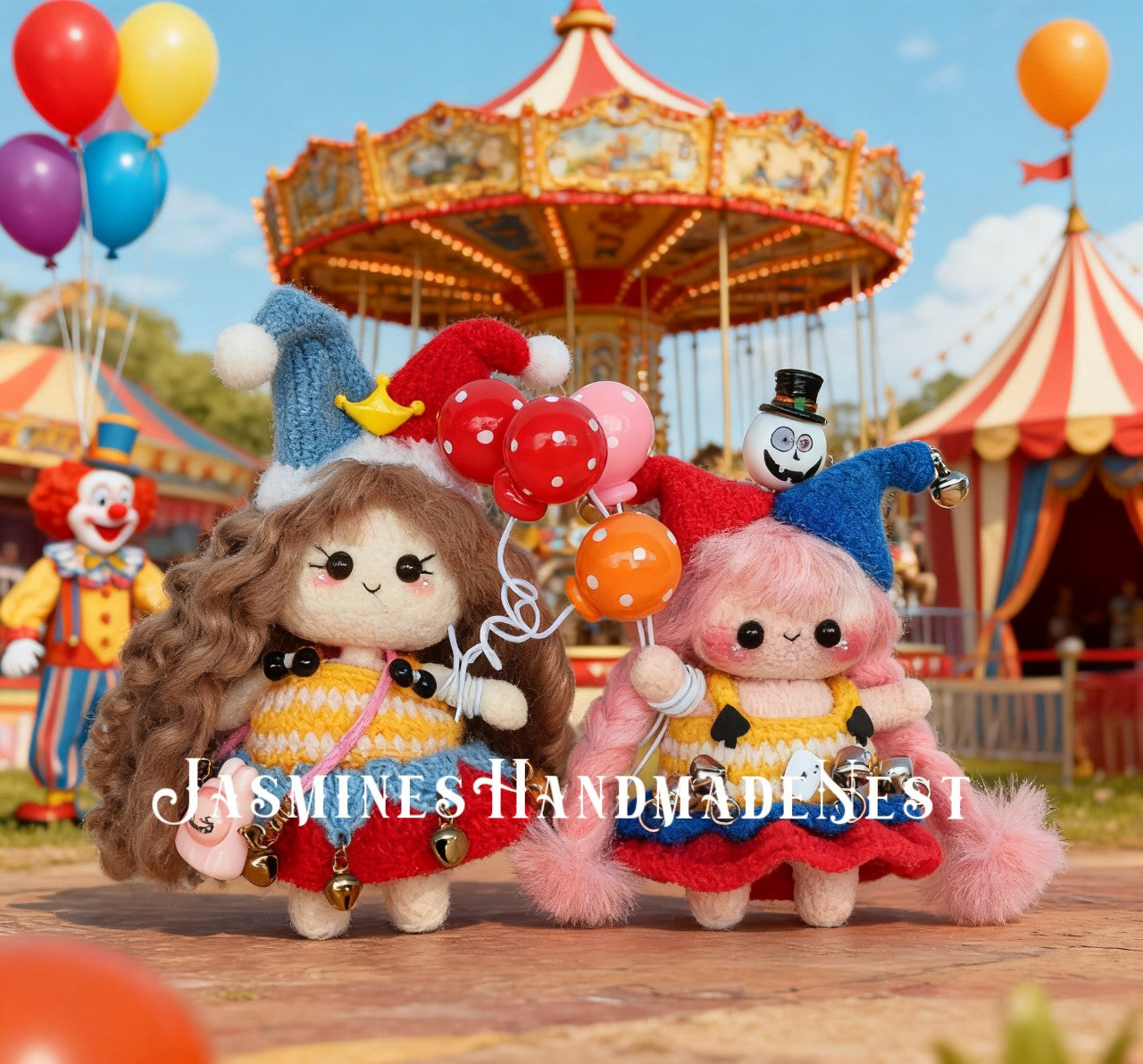 Handmade Micro Crochet Clown Girl Doll – Mini Amigurumi Circus Doll, Cute Crochet Plush Toy, Kawaii Keychain, Unique Christmas or Birthday Gift for Kids